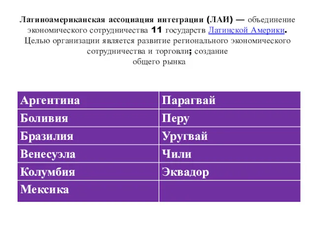 Латиноамериканская ассоциация интеграции (ЛАИ) — объединение экономического сотрудничества 11 государств