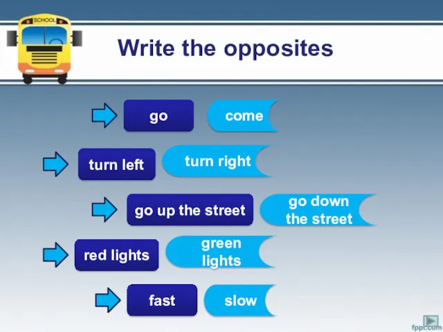 Write the opposites go turn left go up the street