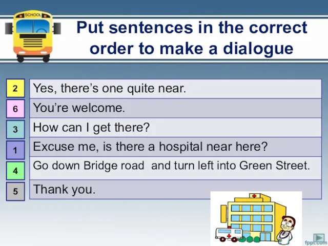 Put sentences in the correct order to make a dialogue 2 6 3 1 4 5