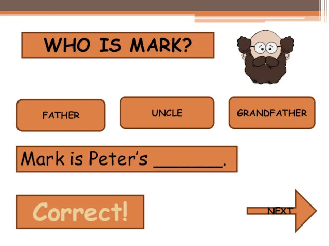WHO IS MARK? FATHER UNCLE GRANDFATHER Mark is Peter’s ______. NEXT Correct!
