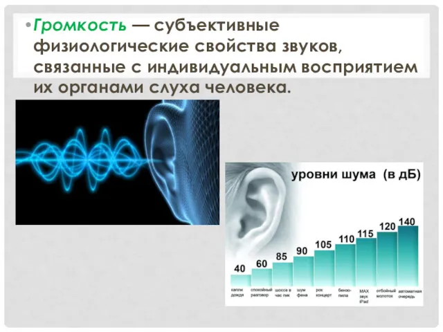 Громкость — субъективные физиологические свойства звуков, связанные с индивидуальным восприятием их органами слуха человека.