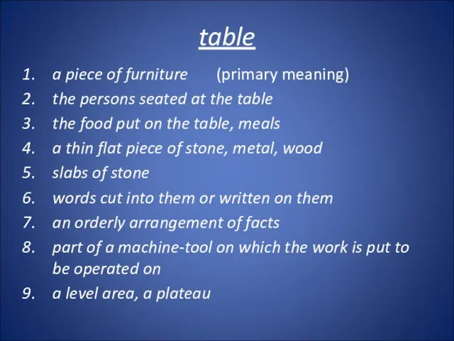 table a piece of furniture (primary meaning) the persons seated