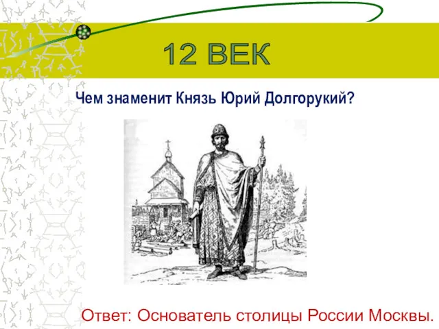 Чем знаменит Князь Юрий Долгорукий? 12 ВЕК Ответ: Основатель столицы России Москвы.