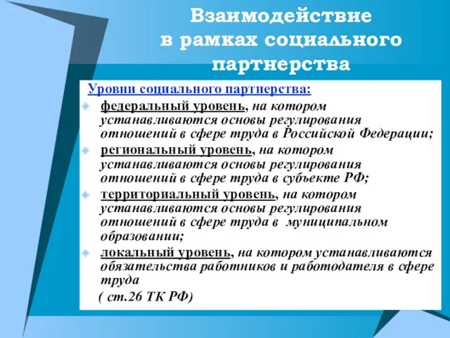 Взаимодействие в рамках социального партнерства Уровни социального партнерства: федеральный уровень,