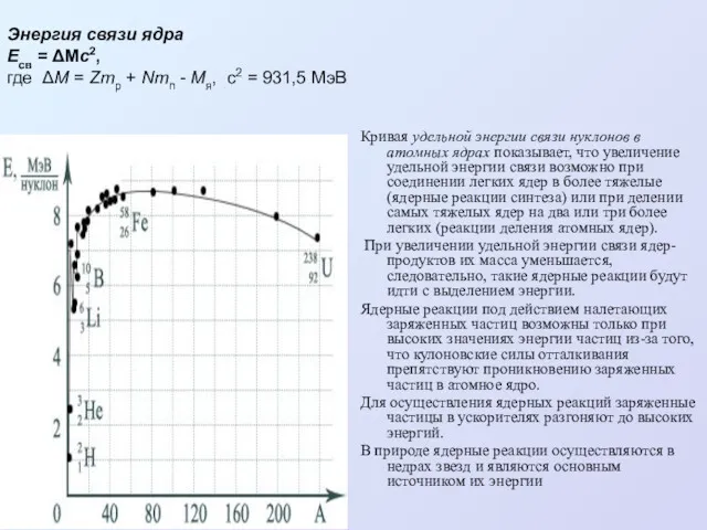 Кривая удельной энергии связи нуклонов в атомных ядрах показывает, что