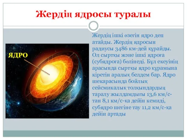 Жердің ядросы туралы Жердің ішкі өзегін ядро деп атайды. Жердің