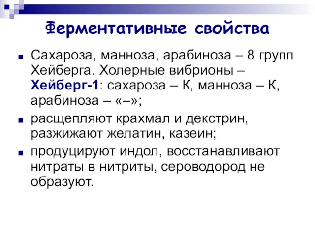 Ферментативные свойства Сахароза, манноза, арабиноза – 8 групп Хейберга. Холерные