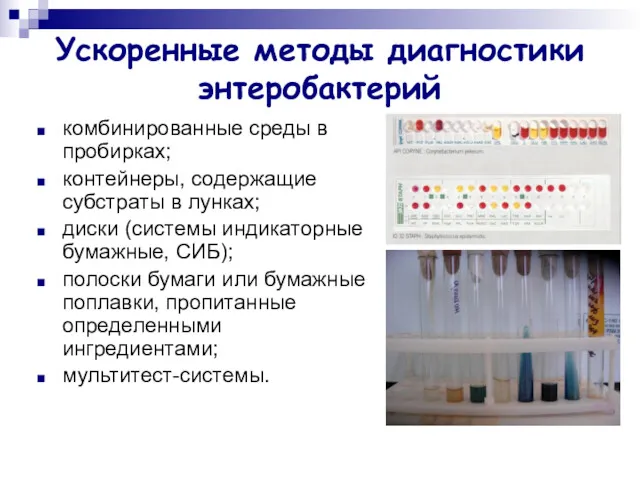 Ускоренные методы диагностики энтеробактерий комбинированные среды в пробирках; контейнеры, содержащие