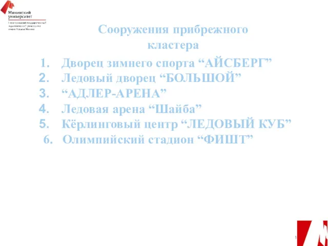 Дворец зимнего спорта “АЙСБЕРГ” Ледовый дворец “БОЛЬШОЙ” “АДЛЕР-АРЕНА” Ледовая арена