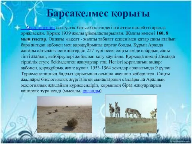 Барсакелмес қорығы Арал теңізінің солтүстік-батыс бөлігіндегі өзі аттас шөлейтті аралда