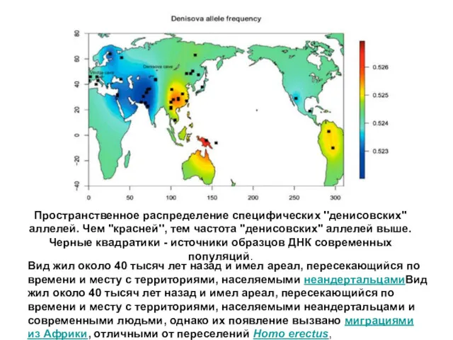 Пространственное распределение специфических ''денисовских'' аллелей. Чем ''красней'', тем частота ''денисовских''