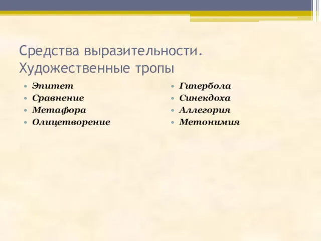 Средства выразительности. Художественные тропы Эпитет Сравнение Метафора Олицетворение Гипербола Синекдоха Аллегория Метонимия