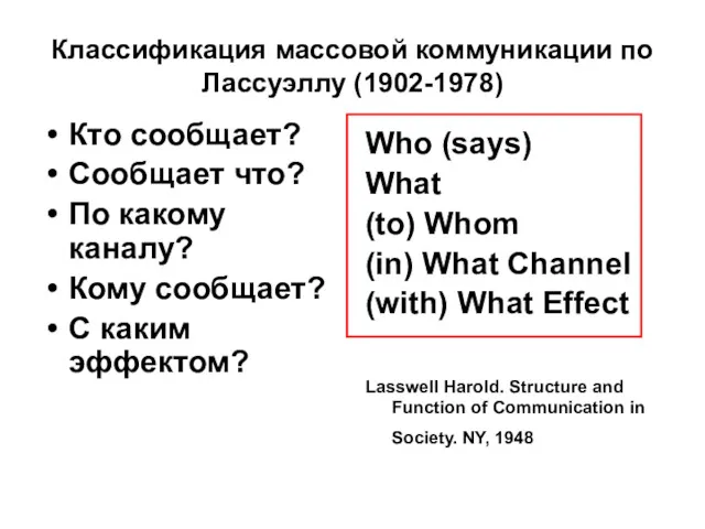 Классификация массовой коммуникации по Лассуэллу (1902-1978) Кто сообщает? Сообщает что?