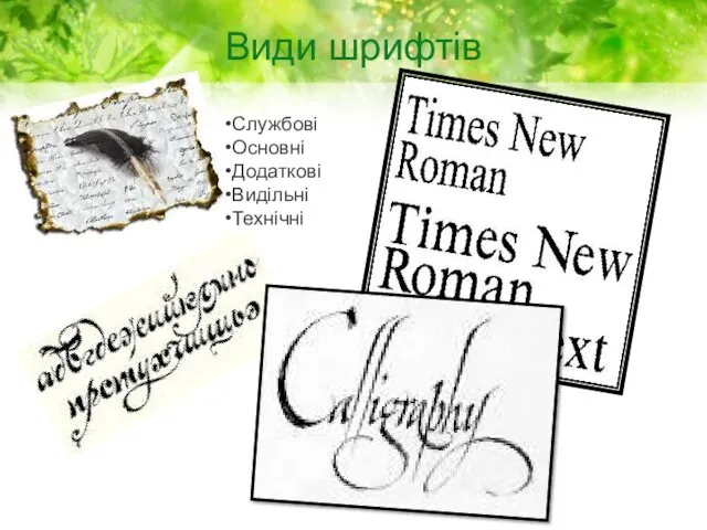 Види шрифтів Службові Основні Додаткові Видільні Технічні