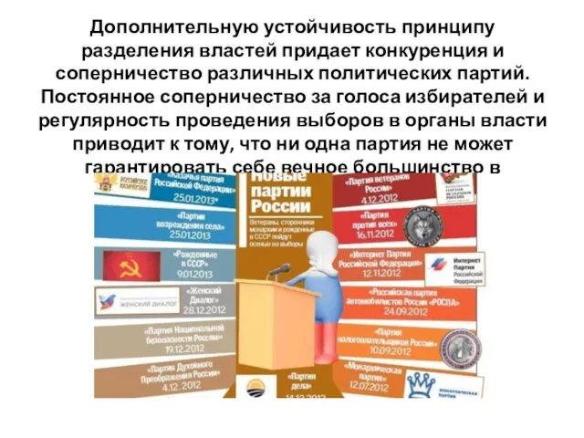 Дополнительную устойчивость принципу разделения властей придает конкуренция и соперничество различных