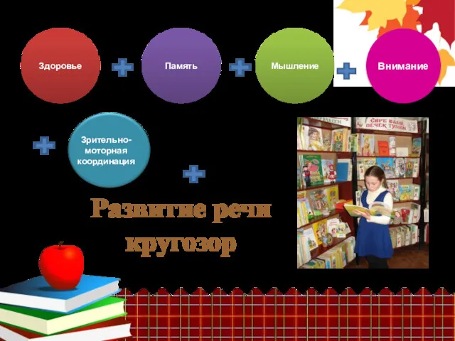 Развитие речи кругозор Здоровье Память Мышление Внимание Зрительно-моторная координация