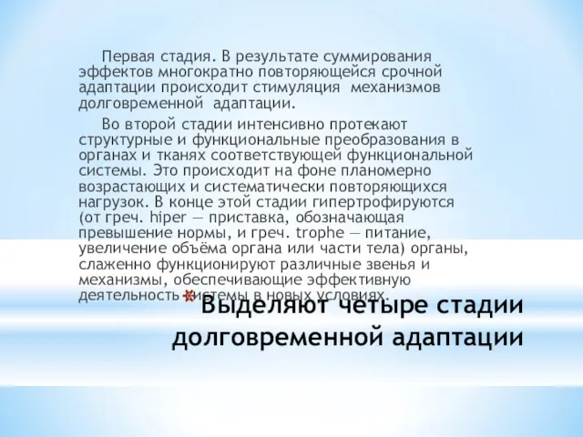 Выделяют четыре стадии долговременной адаптации Первая стадия. В результате суммирования