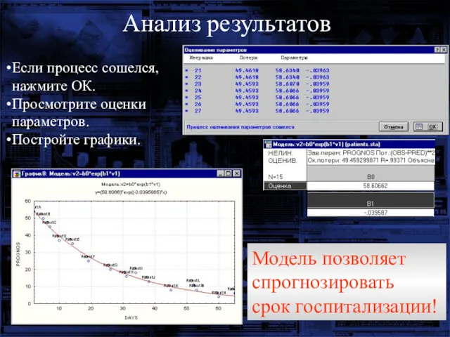 Анализ результатов Если процесс сошелся, нажмите ОК. Просмотрите оценки параметров.