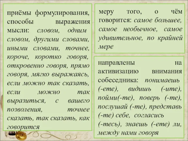 приёмы формулирования, способы выражения мысли: словом, одним словом, другими словами,