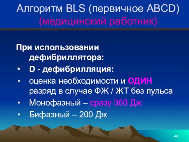 Алгоритм BLS (первичное ABCD) (медицинский работник) При использовании дефибриллятора: D
