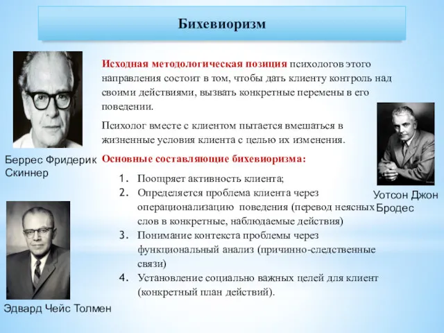 Бихевиоризм Исходная методологическая позиция психологов этого направления состоит в том,