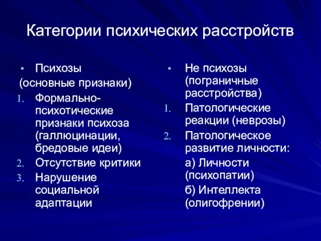 Категории психических расстройств Психозы (основные признаки) Формально-психотические признаки психоза (галлюцинации,