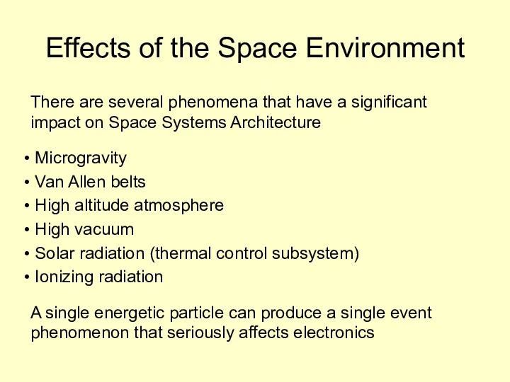 Effects of the Space Environment There are several phenomena that