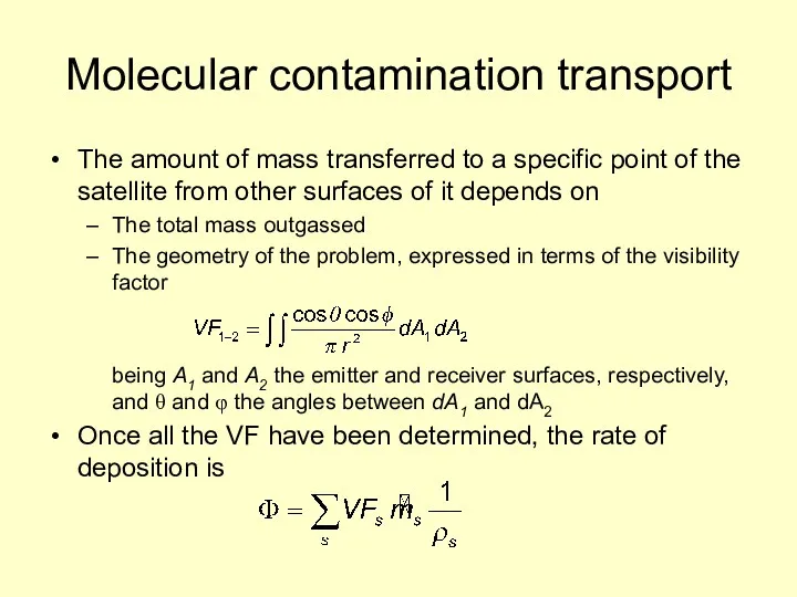 Molecular contamination transport The amount of mass transferred to a