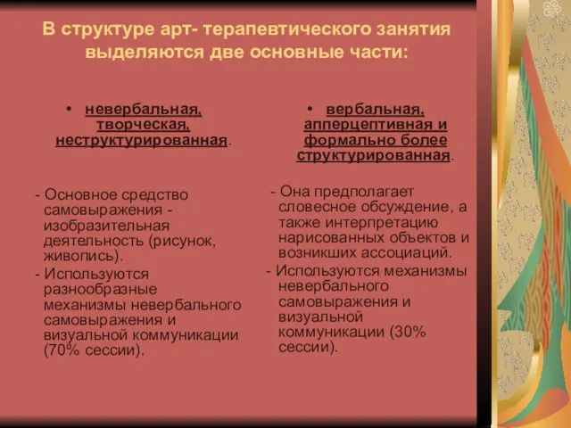 В структуре арт- терапевтического занятия выделяются две основные части: невербальная,