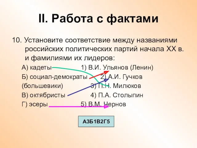 II. Работа с фактами 10. Установите соответствие между названиями российских политических партий начала