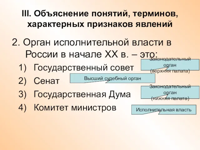 III. Объяснение понятий, терминов, характерных признаков явлений 2. Орган исполнительной