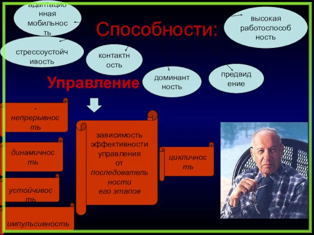 Способности: адаптационная мобильность контактность высокая работоспособность стрессоустойчивость доминантность предвидение Управление