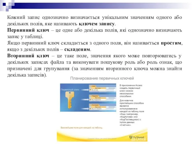 Кожний запис однозначно визначається унікальним значенням одного або декількох полів, яке називають ключем