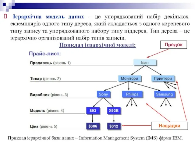 Ієрархічна модель даних – це упорядкований набір декількох екземплярів одного типу дерева, який