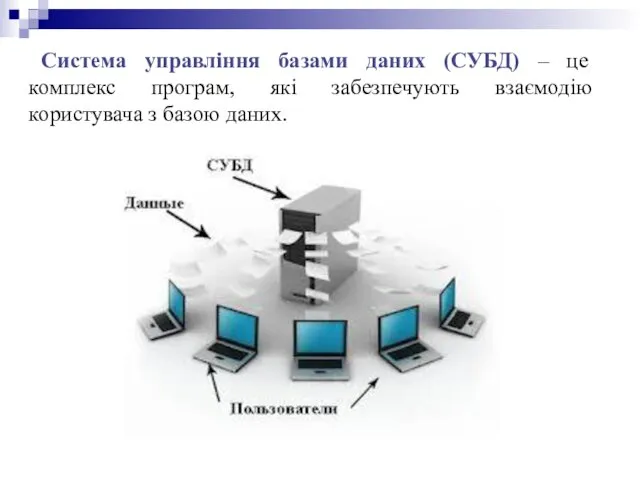 Система управління базами даних (СУБД) – це комплекс програм, які забезпечують взаємодію користувача з базою даних.