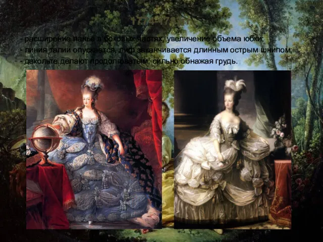 1774-1783гг. - расширение панье в боковых частях, увеличение объема юбки;