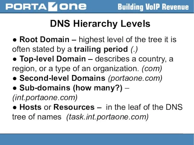 DNS Hierarchy Levels ● Root Domain – highest level of