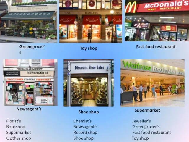 Florist’s Chemist’s Jeweller’s Bookshop Newsagent’s Greengrocer’s Supermarket Record shop Fast