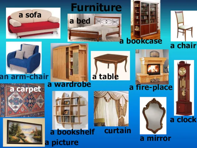 Furniture a sofa a bed a bookcase a chair a