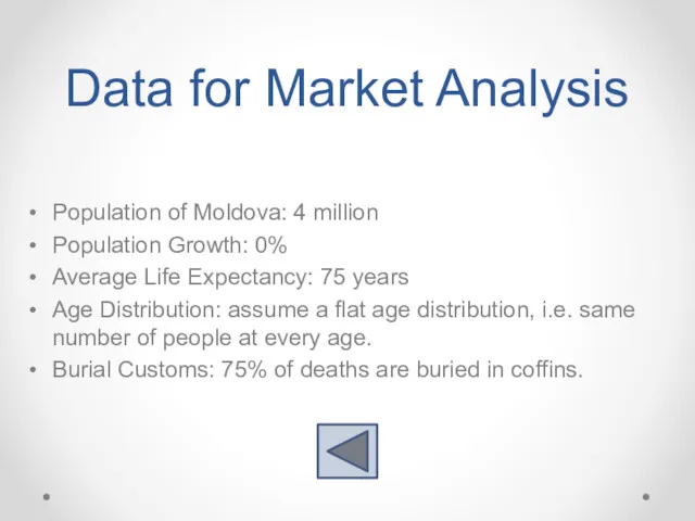 Data for Market Analysis Population of Moldova: 4 million Population Growth: 0% Average