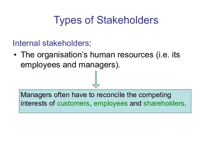 Types of Stakeholders Internal stakeholders: The organisation’s human resources (i.e.