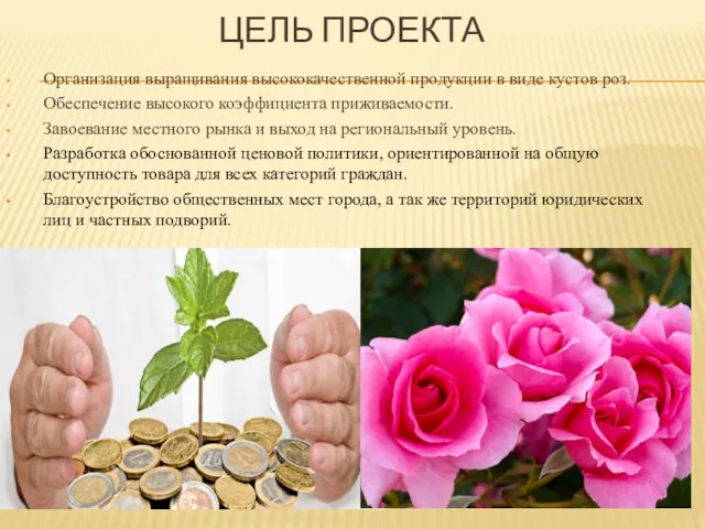 ЦЕЛЬ ПРОЕКТА Организация выращивания высококачественной продукции в виде кустов роз.