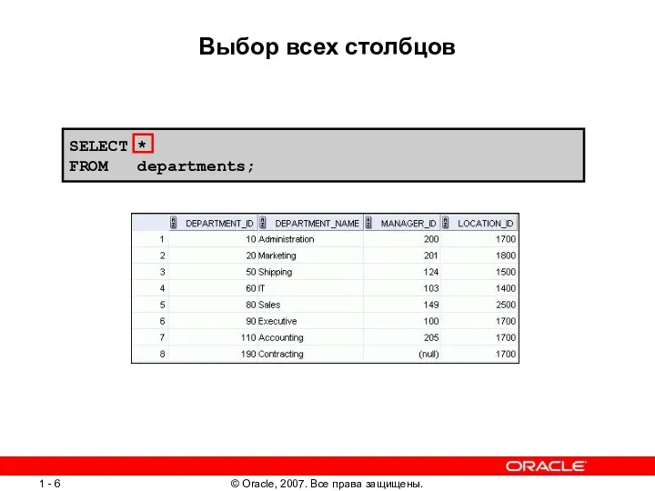 Выбор всех столбцов SELECT * FROM departments;