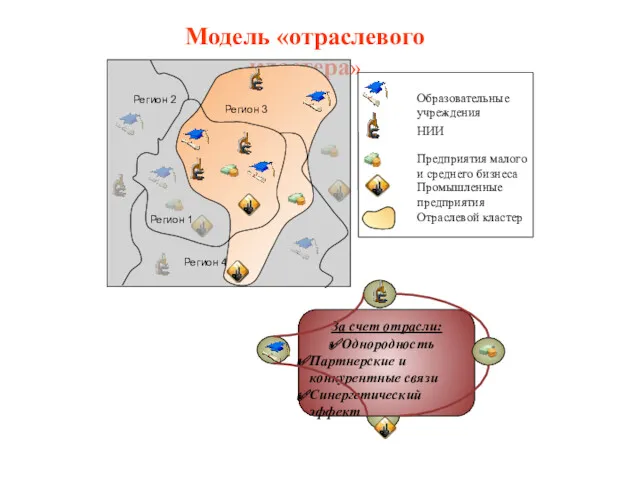 Модель «отраслевого кластера» За счет отрасли: Однородность Партнерские и конкурентные