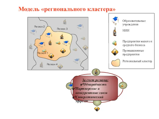 Модель «регионального кластера» За счет региона: Однородность Партнерские и конкурентные