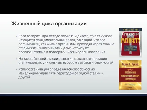 Жизненный цикл организации Если говорить про методологию И. Адизеса, то