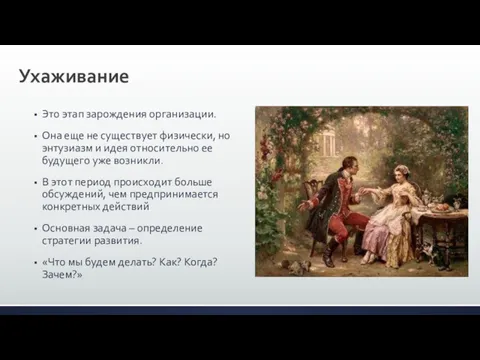 Ухаживание Это этап зарождения организации. Она еще не существует физически,