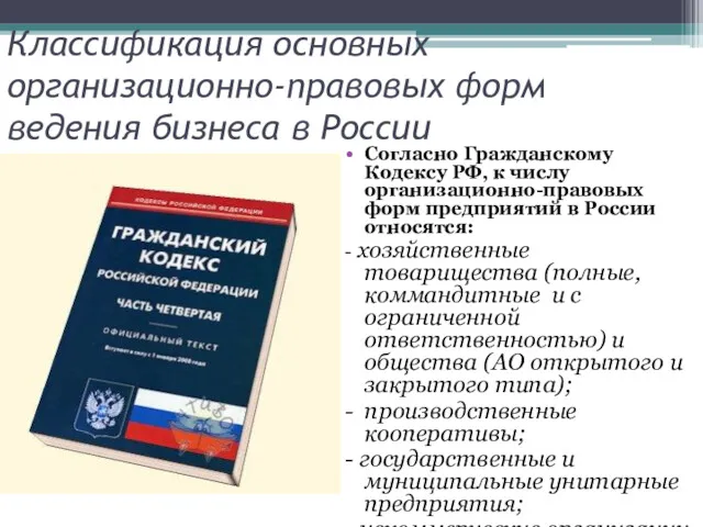 Классификация основных организационно-правовых форм ведения бизнеса в России Согласно Гражданскому