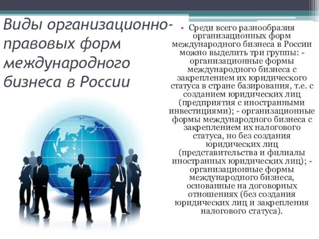 Виды организационно-правовых форм международного бизнеса в России Среди всего разнообразия