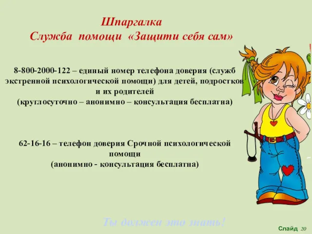 Ты должен это знать! Шпаргалка Служба помощи «Защити себя сам»